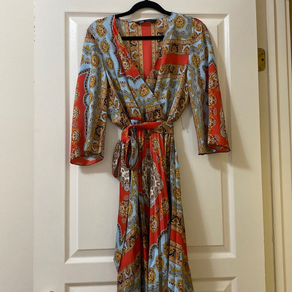 Zara Orange and Blue Pleated Dress